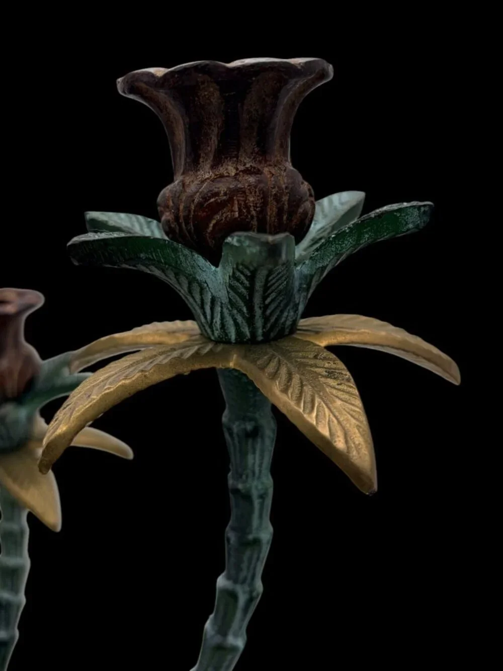 Vintage 1970s Tropical Palm Tree Cast Iron Candelabra Candle Holder